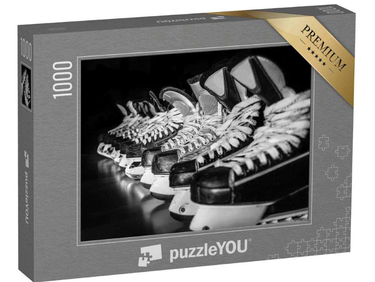 Puzzle 1000 Teile „Ein Paar Eishockey-Schlittschuhe in einer Umkleidekabine“