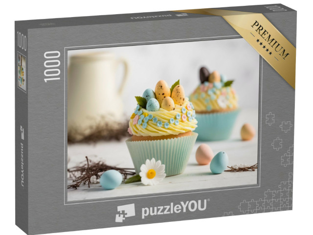 Puzzle 1000 Teile „Ostercupcake dekoriert mit gelb blauen Eiern“