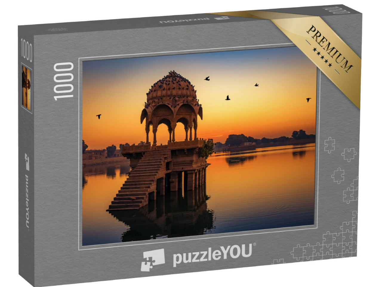 Puzzle 1000 Teile „Antike Tempelruinen: Sonnenaufgang am Gadi Sagar See, Jaipur, Indien“