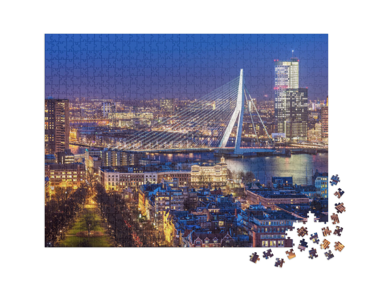 Puzzle 1000 Teile XXL „Skyline von Rotterdam mit Erasmusbrücke, Niederlande“