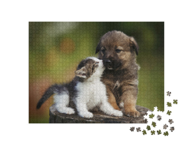 Puzzle 1000 Teile „Freundschaft: Hundewelpe und Kätzchen“