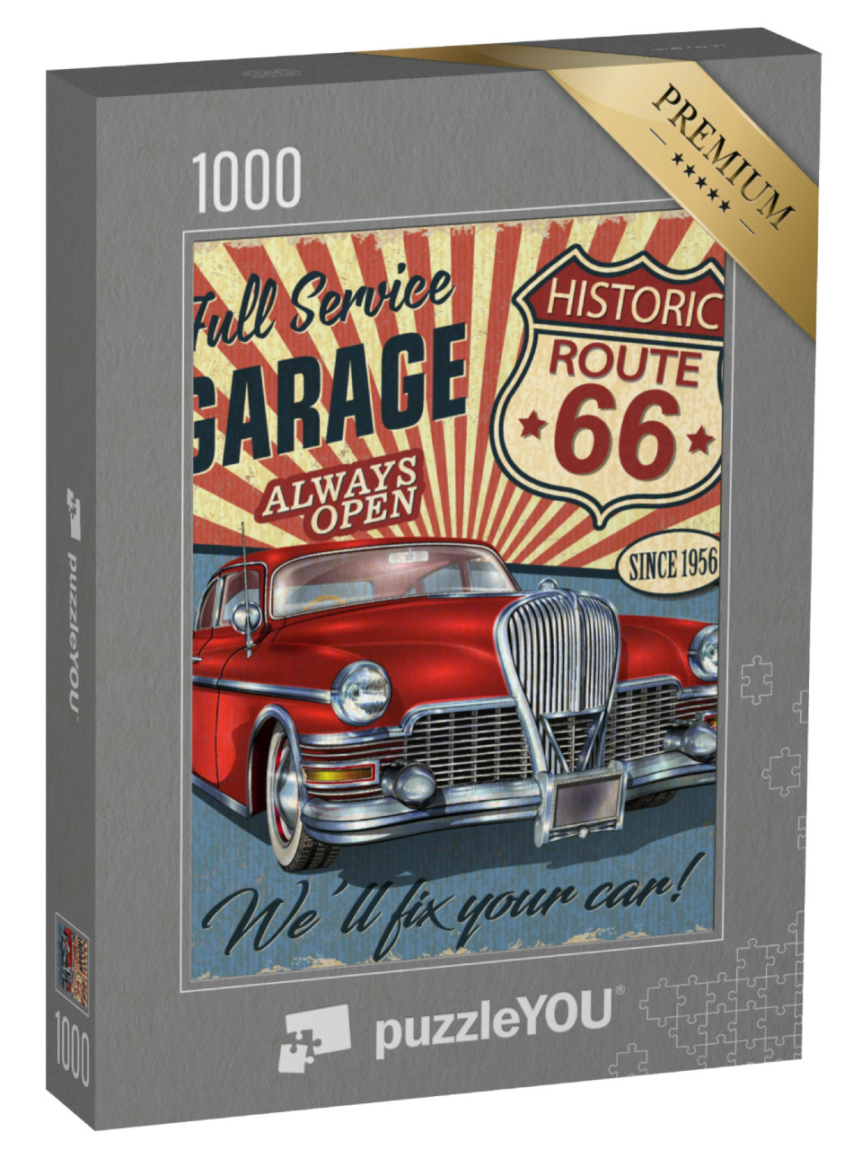 Puzzle 1000 Teile „Vintage Route 66 Schild mit rotem Oldtimer“