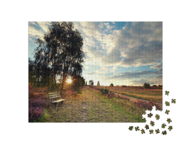 Puzzle 1000 Teile „Eine Bank im Sonnenschein: Lüneburger Heide, Niedersachsen“