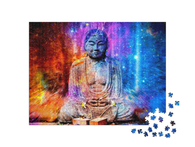 Puzzle 1000 Teile „Buddha-Statue und Galaxie, Illustration“