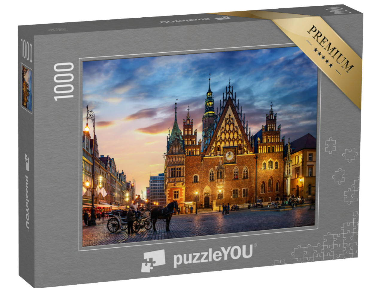 Puzzle 1000 Teile „Marktplatz mit alten Häusern, Rathaus und Sonnenuntergang, Breslau, Polen“