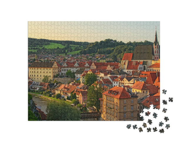 Puzzle 1000 Teile „Morgendliches Stadtbild mit roten Ziegeldächern, Krumau, Tschechische Republik“