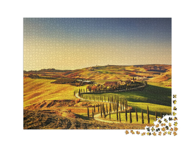 Puzzle 2000 Teile „Sonnenuntergang über der Toskana mit Zypressen, Italien“