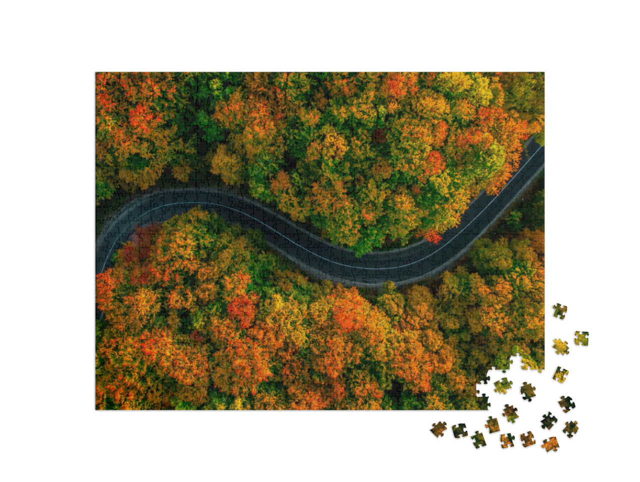 Puzzle 1000 Teile „Vogelperspektive: Gewundene Straße im dichten Herbstwald“