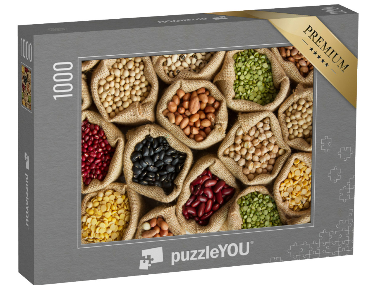 Puzzle 1000 Teile „Verschieden bunte Hülsenfrüchte in Säcken“