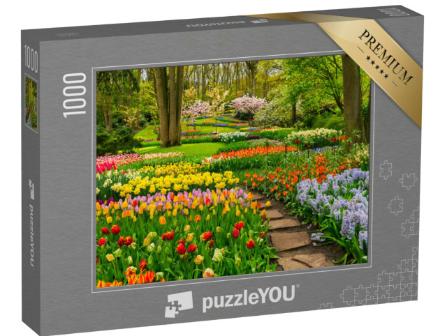 Puzzle 1000 Teile „Bunter Tulpengarten unter Bäumen“