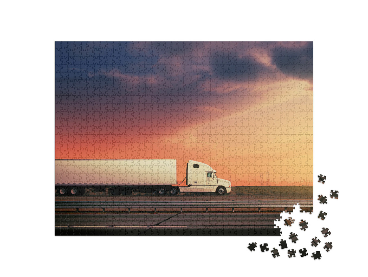 Puzzle 1000 Teile „Weißer Lastwagen auf der Autobahn mit Sonnenunterg “