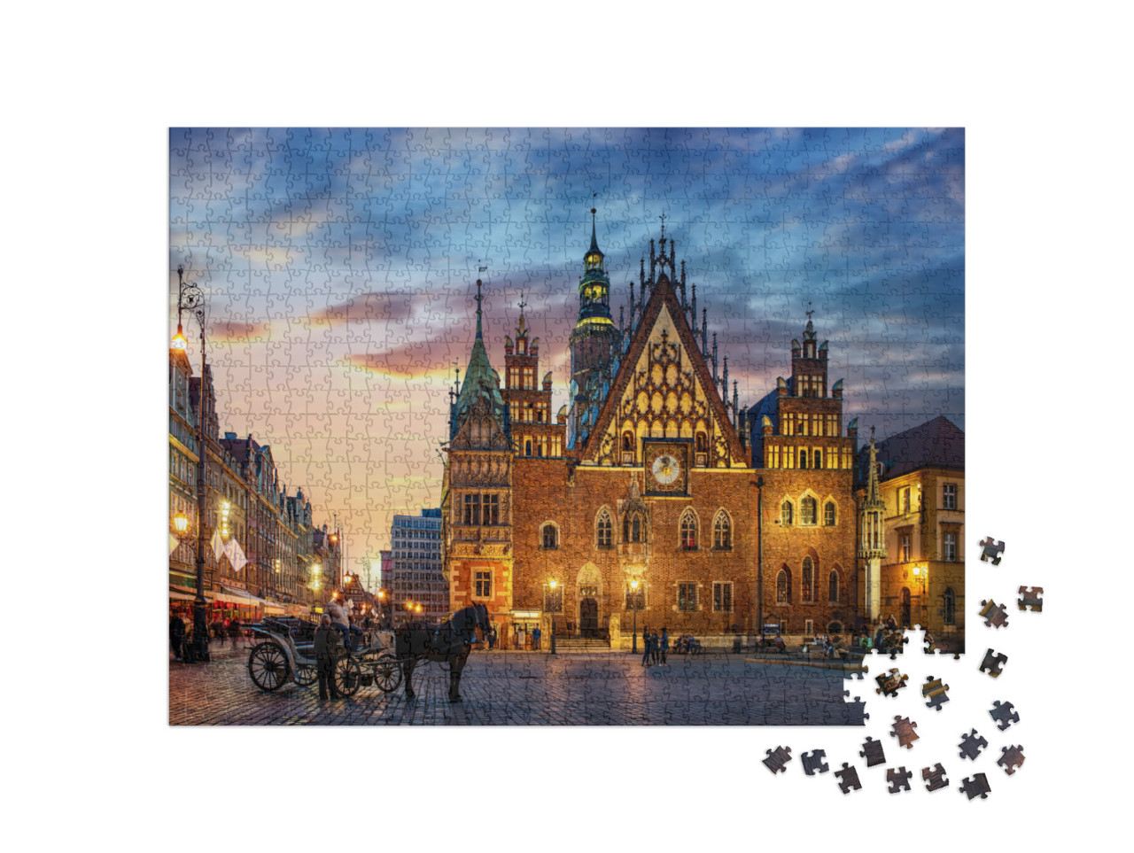 Puzzle 1000 Teile „Marktplatz mit alten Häusern, Rathaus und Sonnenuntergang, Breslau, Polen“