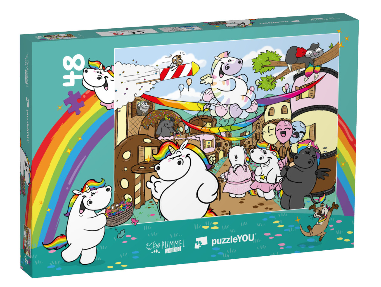 Puzzle 48 Teile „Pummeleinhorn: Pummel & Friends – Keksen-Regenbogenfest“