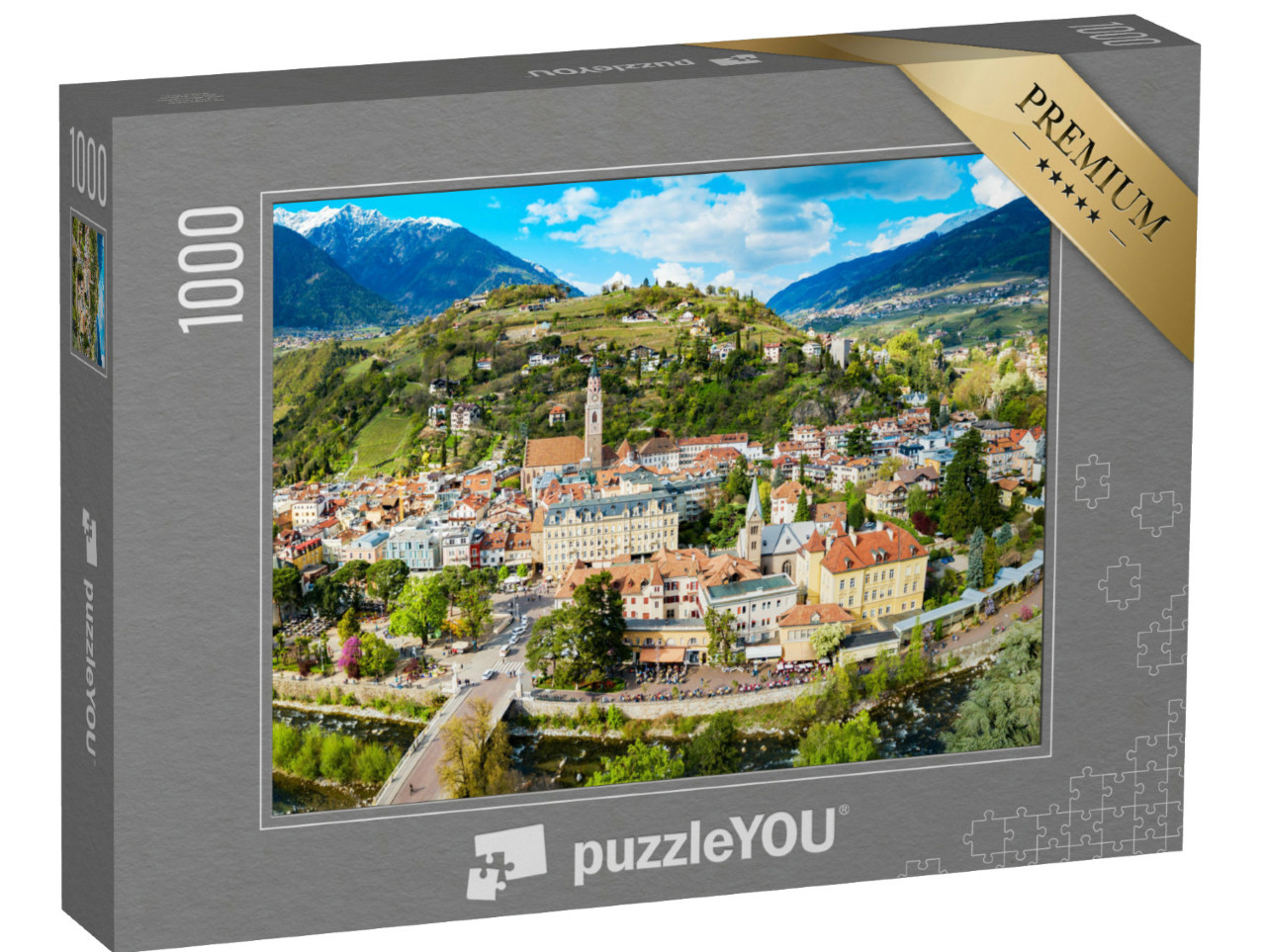Puzzle 1000 Teile „Stadtzentrum von Meran aus der Luft, Südtirol, Italien“