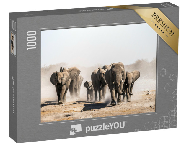 Puzzle 1000 Teile „Eine Elefantenherde am Wasserloch, Etosha-Nationalpark, Namibia, Afrika“