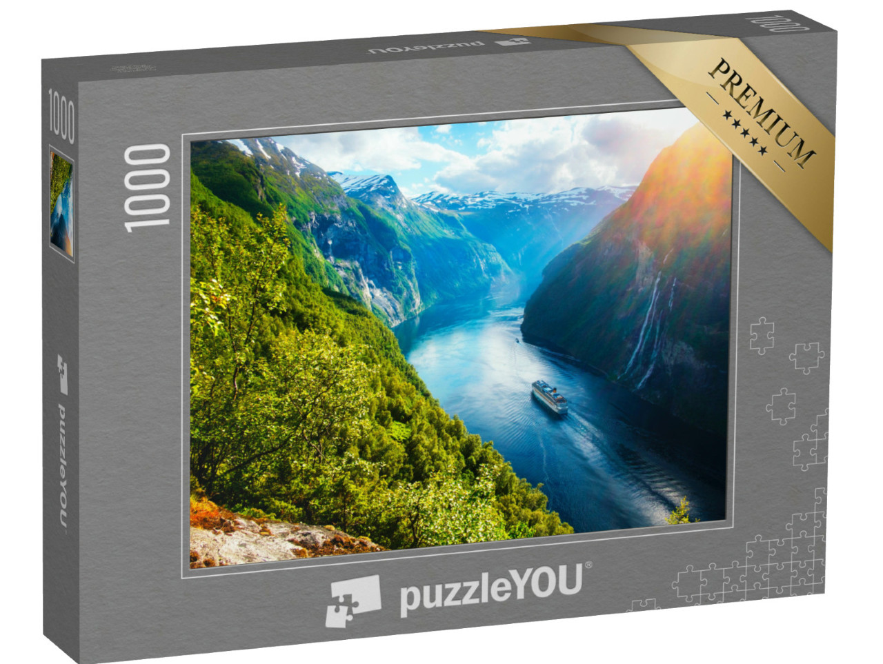 Puzzle 1000 Teile „Blick auf Sunnylvsfjorden: Fjord mit Kreuzfahrtschiff und Wasserfall, Norwegen“