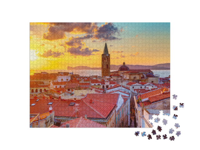 Puzzle 1000 Teile „Ein Sonnenuntergang über Alghero Stadt, Sardinien“