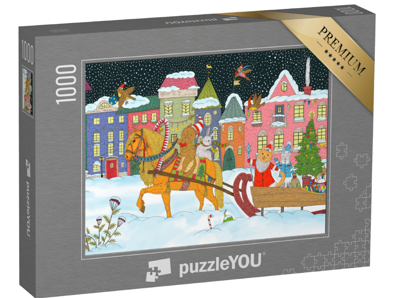 Puzzle 1000 Teile „Tierische Weihnachten: Weihnachtsmann und Tiere auf einem Pferdeschlitten“