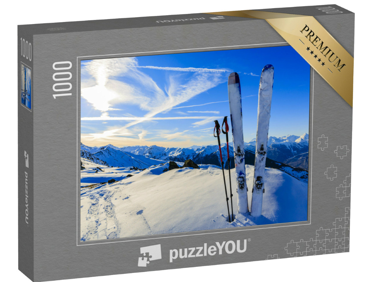 Puzzle 1000 Teile „Bereit für die Abfahrt: Skier im Schnee“