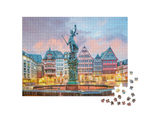 Puzzle 1000 Teile „Dämmerung am Altstadtplatz Römerberg in Frankfurt, Deutschland“