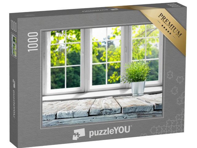 Puzzle 1000 Teile „Helles Frühlingsfenster mit Holzfensterbank“