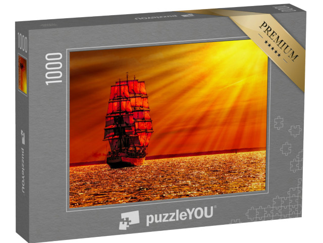 Puzzle 1000 Teile „Segelschiff im blutroten Sonnenuntergang“