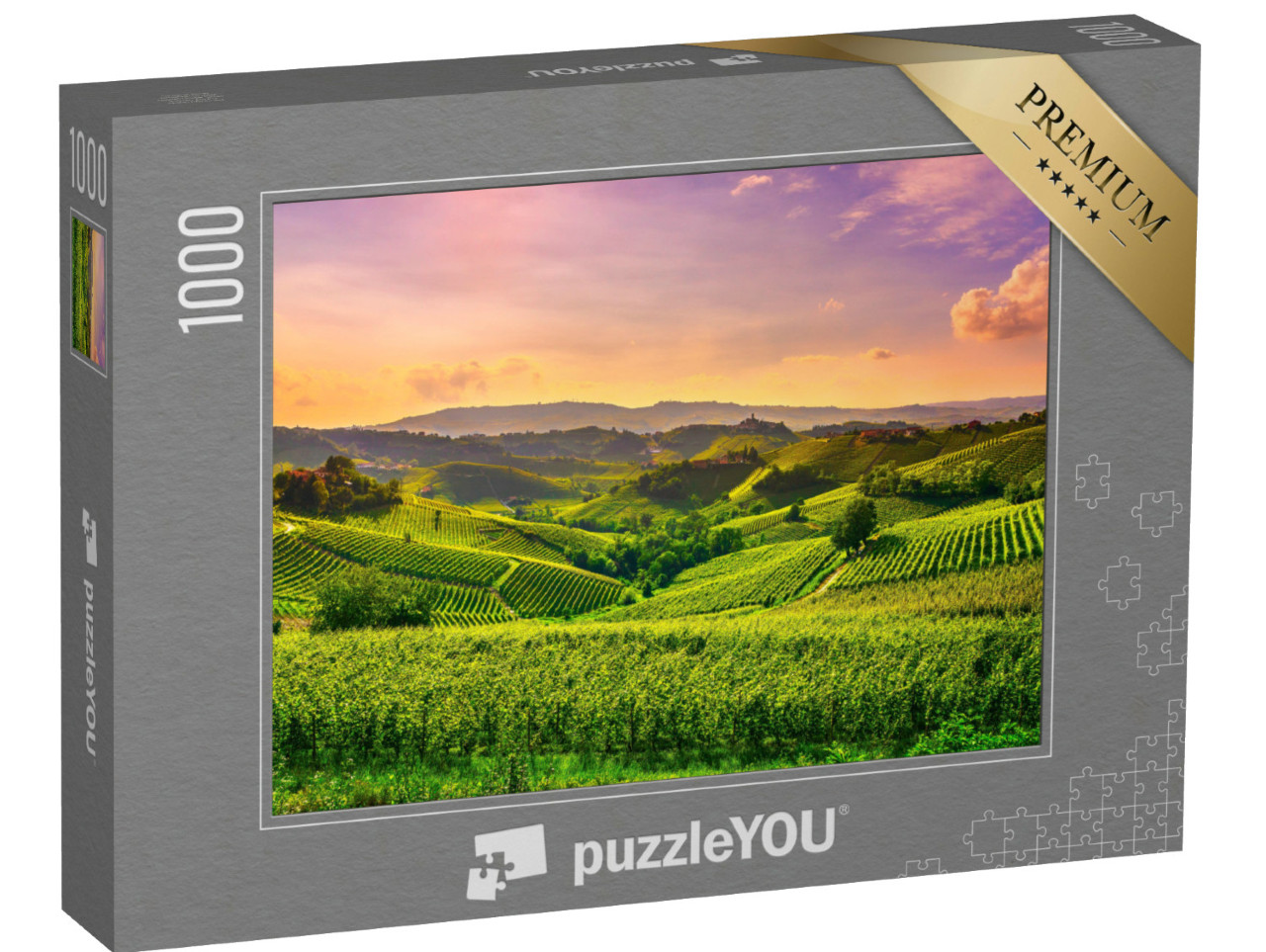 Puzzle 1000 Teile „Sonnenuntergangspanorama der Langhe-Weinberge “