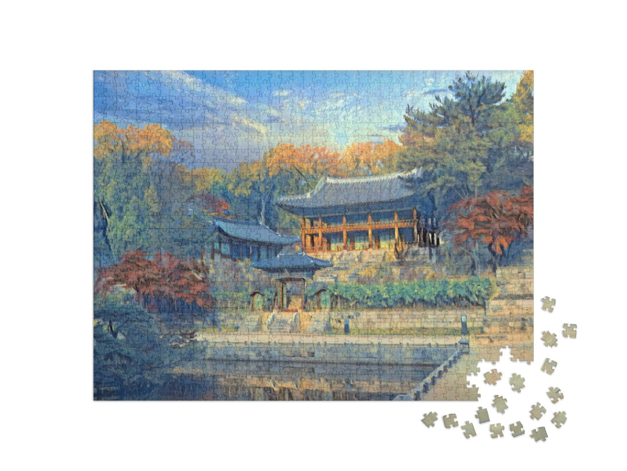 Puzzle 1000 Teile „im Stil von Paul-Cezanne - Herbst im Changdeokgung Palast in Seoul Südkorea“