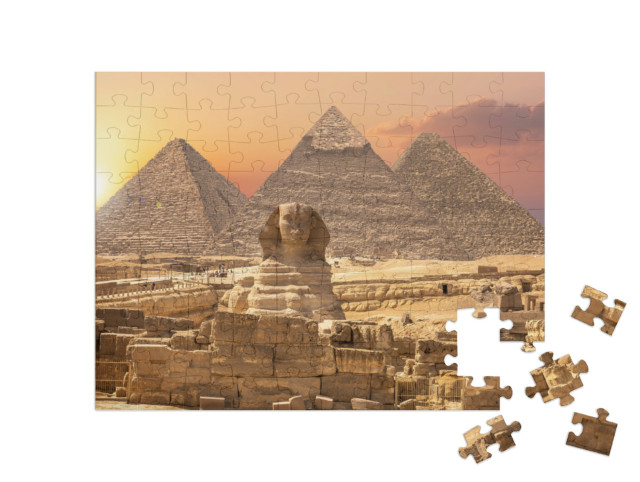 Puzzle 100 Teile „Weltwunder aus Ägypten: Pyramiden mit Sphinx, Gizeh“