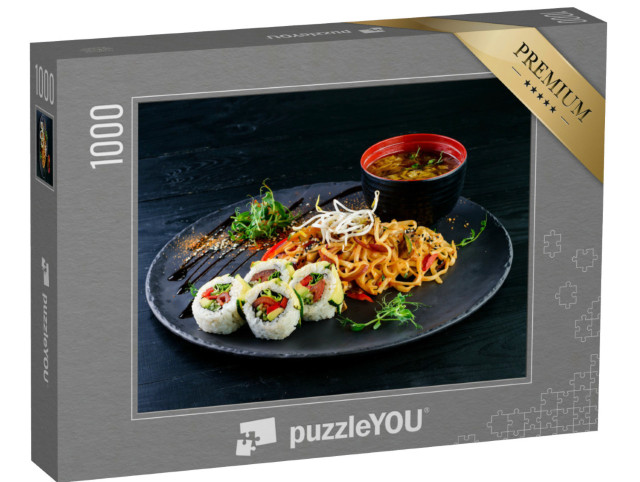 Puzzle 1000 Teile „Asiatisches Essen mit Nudeln, Huhn und Sushi“