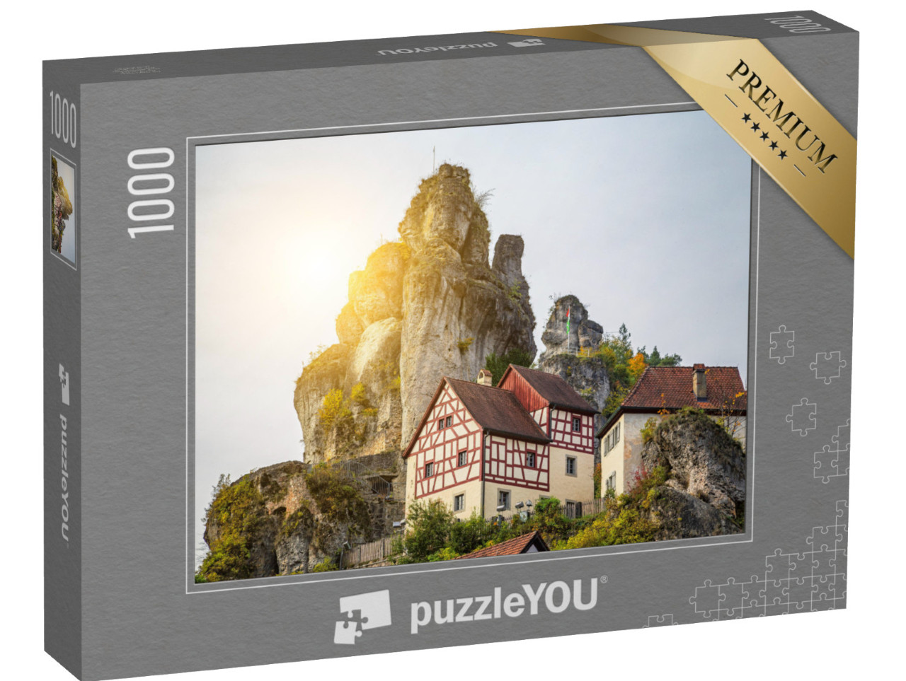 Puzzle 1000 Teile „Fachwerkhäuser am Fels im historischen alten Kirchdorf Tüchersfeld, Bayern“