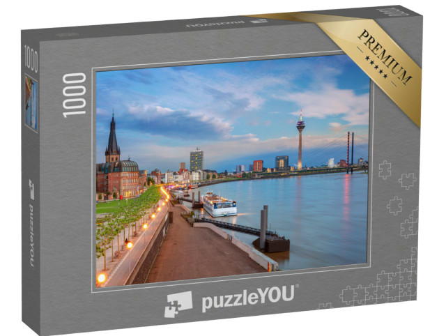 Puzzle 1000 Teile „Rhein bei Sonnenuntergang: Panorama aus Düsseldorf, Deutschland“