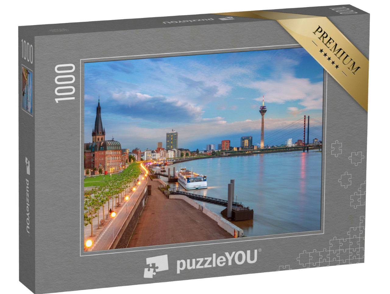 Puzzle 1000 Teile „Rhein bei Sonnenuntergang: Panorama aus Düsseldorf, Deutschland“