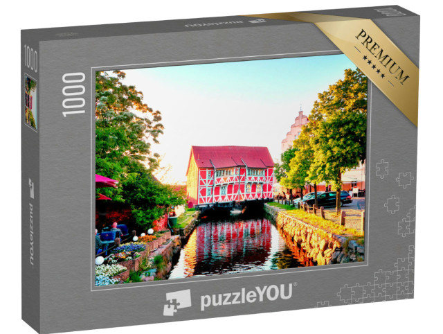 Puzzle 1000 Teile „Rotes Fachwerkhaus in Wismar am Kanal, Deutschland“