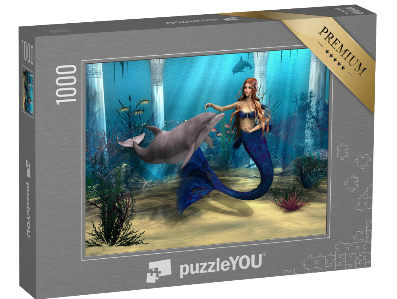 Puzzle 1000 Teile „Meerjungfrau und Delphin im Fantasy-Ozean“