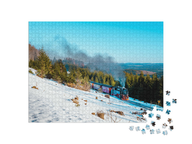 Puzzle 1000 Teile „Dampflok im Schnee: Winterlandschaft im Harz, Deutschland“
