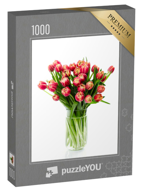 Puzzle 1000 Teile „Rote Tulpen mit gelbem Rand in einer Glasvase“