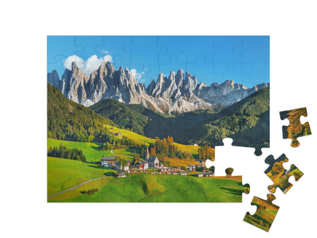 Puzzle 48 Teile „Santa Maddalena mit Dolomiten in Südtirol, Italien“