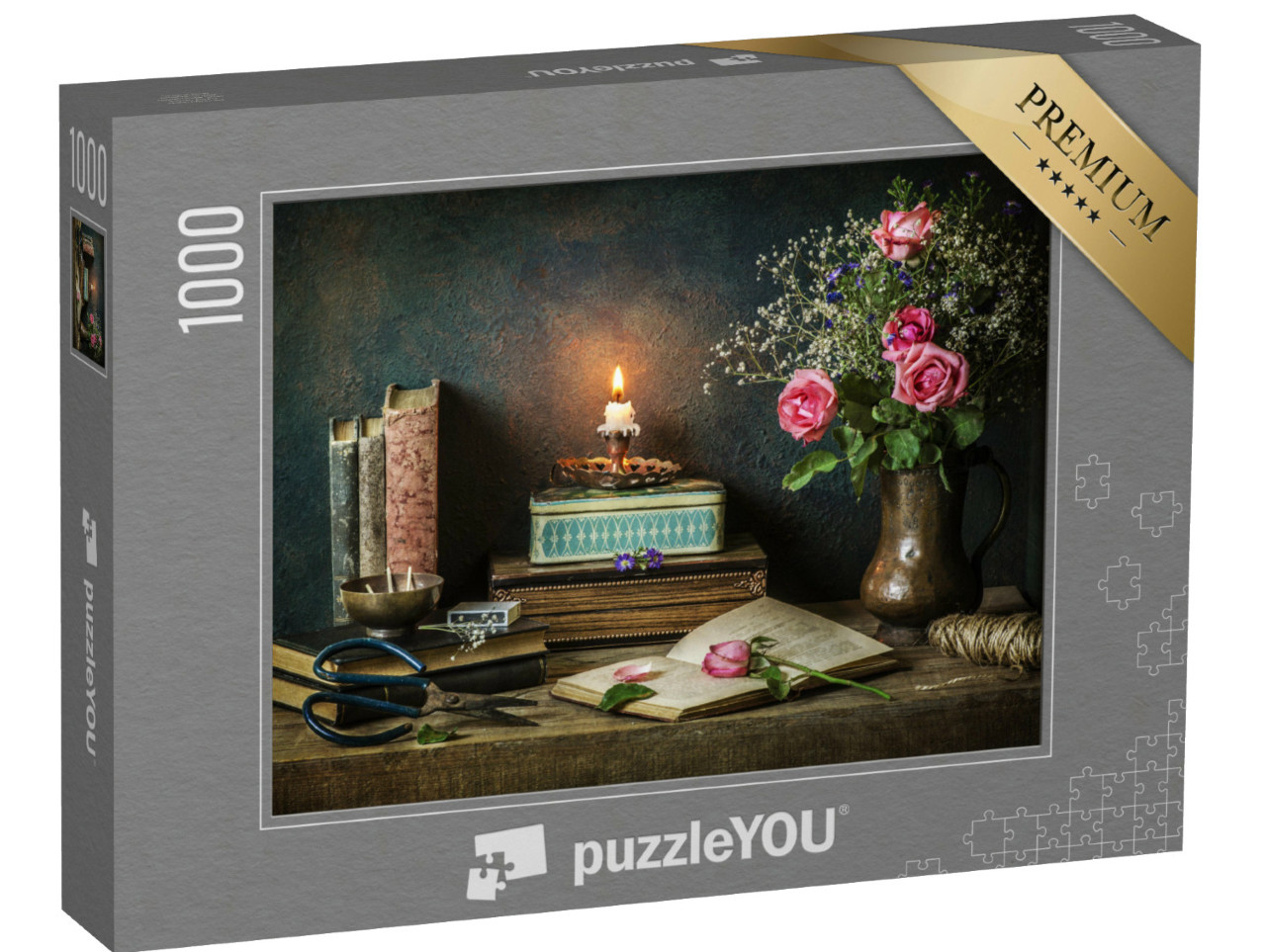 Puzzle 1000 Teile „Stillleben mit  alten Büchern, Boxen und Rosen“