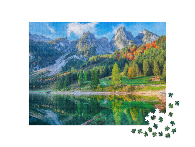 Puzzle 1000 Teile „Bunte Herbstlandschaft mit Dachsteingipfel am Gosausee, Oberösterreich“