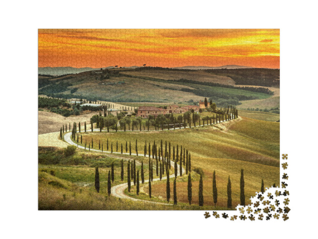 Puzzle 2000 Teile „Sonnenuntergang über der Landschaft der Toskana, Italien“
