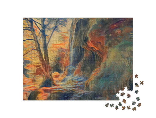 Puzzle 1000 Teile „im Stil von Edvard Munch, Der Schrei - Wasserfälle in den Ammergauer Alpen, Deutschland“