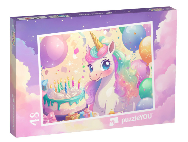 Puzzle 48 Teile „Einhorn Bella feiert Geburtstag mit Torte und Ballons“