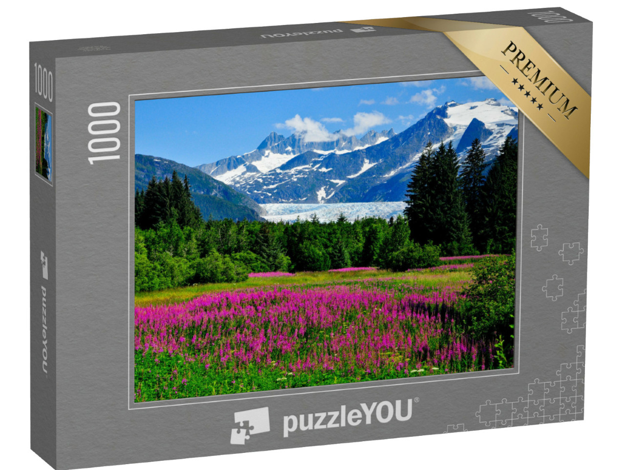 Puzzle 1000 Teile „Mendenhall-Gletscher mit blühendem Feuerkraut, Alaska“