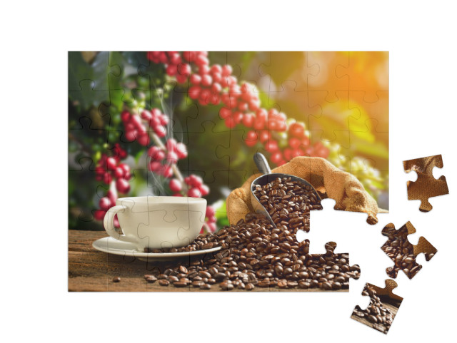 Puzzle 48 Teile „Dampfende Tasse Kaffee mit Kaffeebohnen “