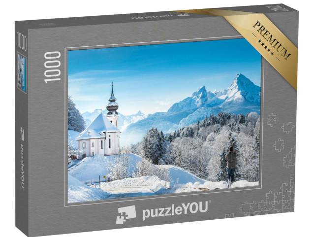 Puzzle 1000 Teile „Winterliche Wallfahrtskirche Maria Gern vor dem Watzmann, Deutschland“