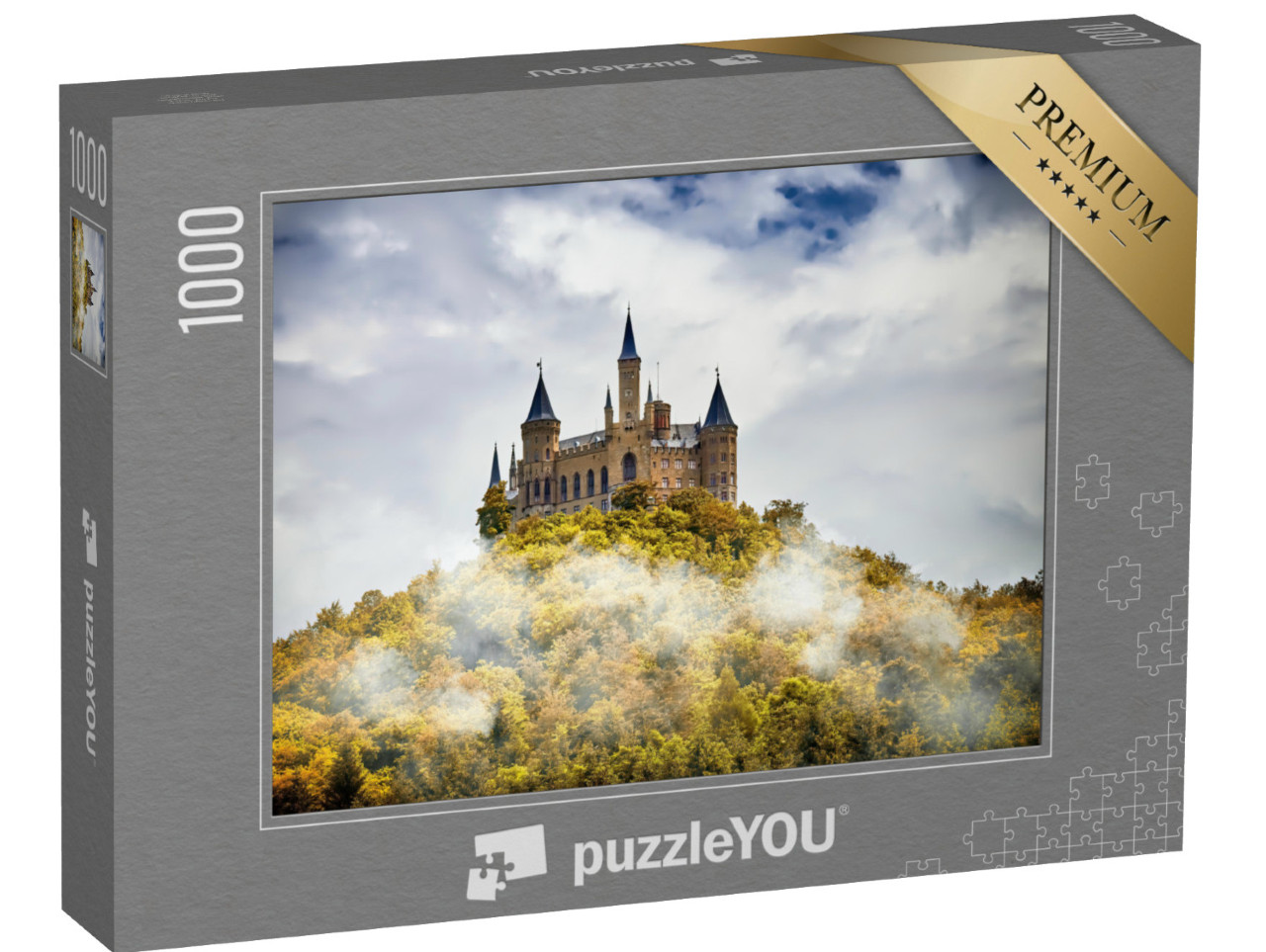 Puzzle 1000 Teile „Burg auf einem Berg im Nebel unter Wolken, Hohenzollern, Deutschland“