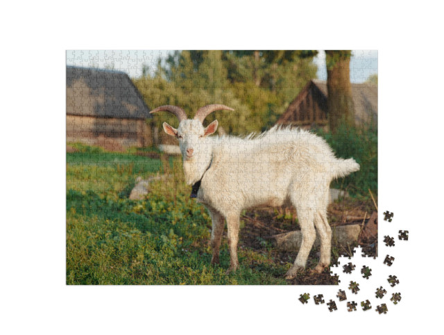 Puzzle 1000 Teile „Weiße Ziege auf dem Bauernhof im Sommer“