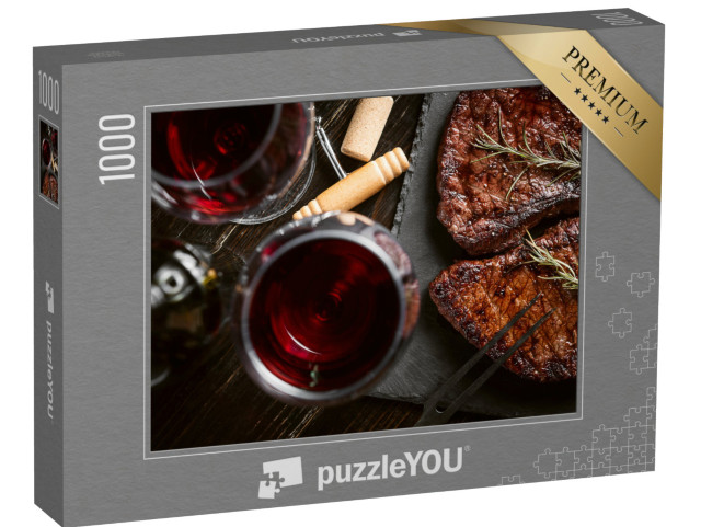 Puzzle 1000 Teile „Abendessen für zwei Personen mit Steaks und Rotwein“