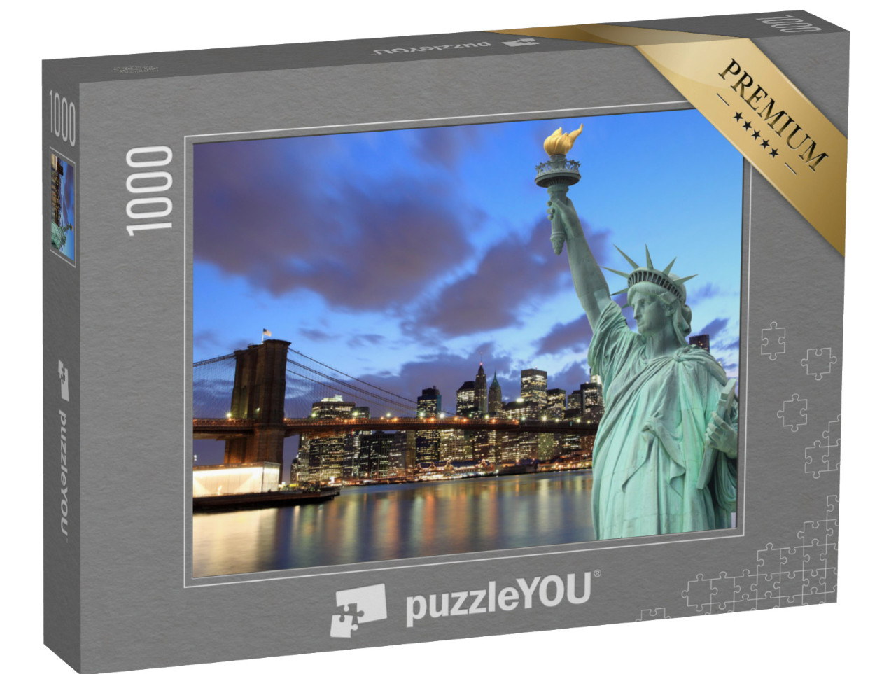 Puzzle 1000 Teile „Freiheitsstatue und Brooklyn Bridge, New York City“